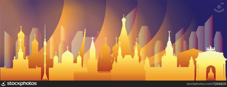 Panoramic Moscow skyline travel illustration with main architectural landmarks. Worldwide traveling concept. Moscow city landmarks, colorful gradient russian tourism and journey vector background.