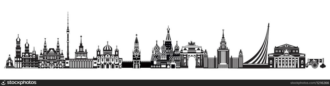 Panoramic Moscow skyline vector illustration. Vector illustration of landmarks of Moscow, Russia in black and white colors isolated on white background.