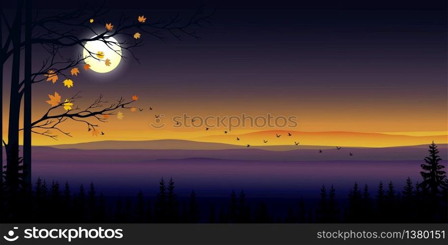 Panoramic mountain landscape with silhouettes misty pine trees in forest with full moon, Peaceful panoramic natural in minimalist style, Evening light natural for holiday season background concept