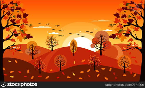 Panoramic of Countryside landscape in autumn with fallen leaves on the grass, Vector illustration of horizontal banner of autumn landscape mountains and maple trees with yellow foliage in fall season.