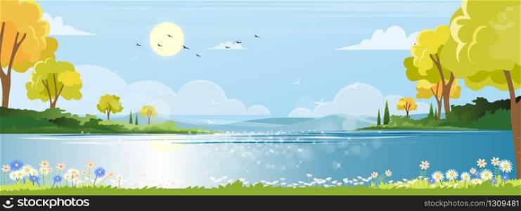 Panoramic of spring village with lake view and mountains with blue sky,Vector cartoon Spring landscape, Panorama countryside in the morning in summer with bright light from sun and reflection on water