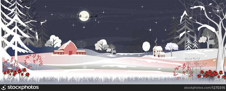 Panoramic of winter landscape,Vector of horizontal banner of winter wonderland at countryside with snowing house,moutain,forest tree at night, Merry Christmas and new year background