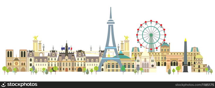 Panoramic Paris City Skyline. Colorful isolated vector illustration on white background. Vector silhouette illustration of main landmarks of Paris, France. Paris vector icon. Paris building outline.