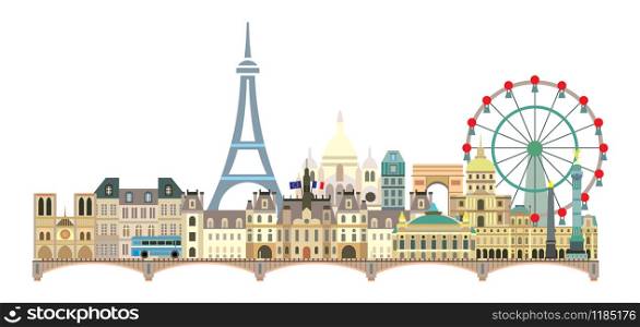 Panoramic Paris City Skyline. Colorful isolated vector illustration on white background. Vector illustration of main landmarks of Paris, France. Paris vector icon. Paris building outline.