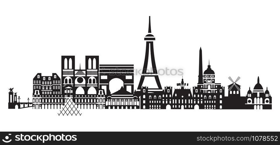 Panoramic Paris City Skyline vector Illustration in black and white colors isolated on white background. Vector silhouette Illustration of landmarks of Paris,France.