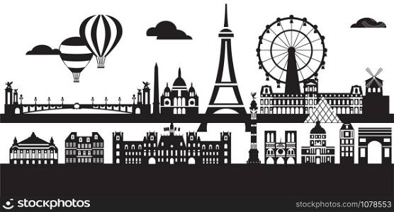 Panoramic Paris City Skyline vector Illustration in black and white colors isolated on white background. Vector silhouette Illustration of landmarks of Paris, France.