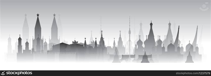 Panoramic transparent silhouette Moscow skyline travel illustration. Worldwide traveling concept. Moscow city landmarks. Russian tourism and journey vector background.