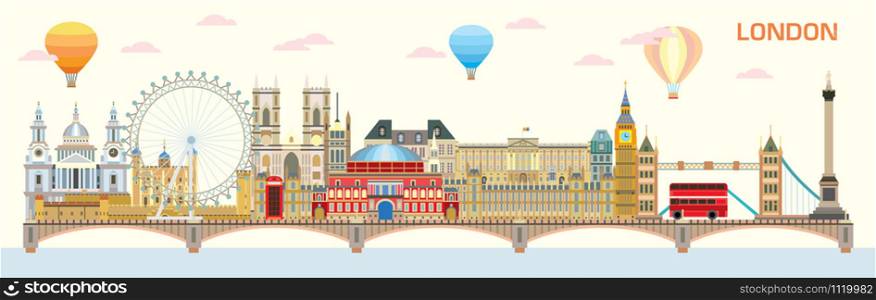 Panoramic vector colorful illustration of London landmarks. London city skyline vector isolated illustration. Vector colorful illustration of attractions of London, England.