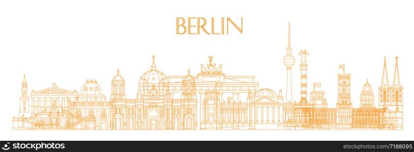 Panoramic vector line art illustration of landmarks of Berlin, Germany. Berlin skyline vector illustration in orange color isolated on white. Moscow vector icon. German tourism vector concept. Stock illustration.