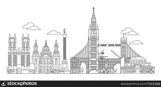 Panoramic vector line art illustration of landmarks of London, England. London city skyline vector illustration in black and white colors isolated on white background. London vector icon. London building outline.