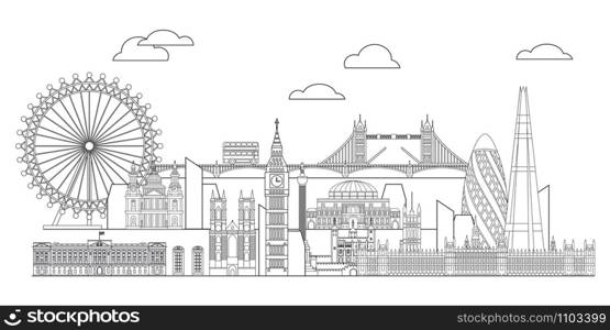 Panoramic vector line art illustration of landmarks of London, England. London city skyline vector monochrome illustration isolated on white background. London vector icon. London building outline.