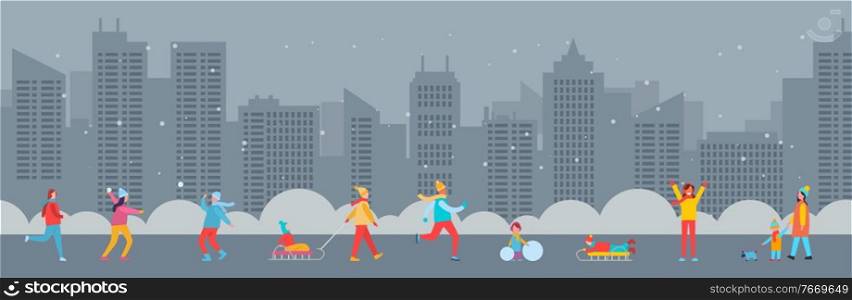 Panoramic view with happy people playing snowballs, skating, riding on sleds, walking dog. Urban winter city background. Outdoors leisure, activity at weekends. Cartoon characters in flat style. Panoramic view of people playing snowballs, riding on sleds, walking dog at winter city background