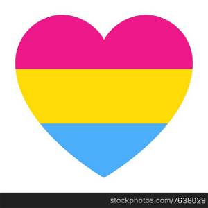 Pansexuality pride flag, in heart shape icon on white background, vector illustration