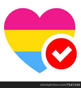 Pansexuality pride flag in heart shape, vector illustration for your design. flag in heart shape, vector illustration for your design