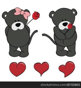 Panther character cartoon valentine rose pack Vector Image
