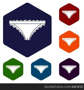 Panties with frill icons set hexagon isolated vector illustration. Panties with frill icons set hexagon