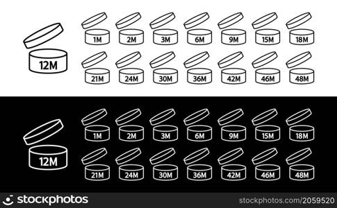 Pao symbol. Period use from date of open cosmetic. Icons of pao. Period of life product. Expiry of cosmetic in monthes. Vector mark or logo for package of makeup and cream.