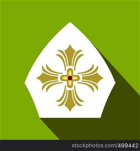 Papal tiara, hat with cross icon in flat style on a green background. Papal tiara, hat with cross icon, flat style