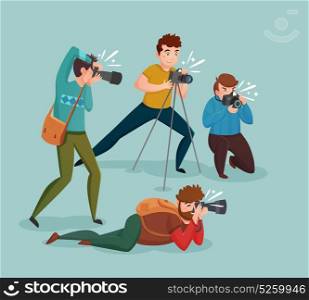 Paparazzi Design Concept. Paparazzi design concept with photographers group shooting appearance of show business stars or other celebrities flat vector illustration