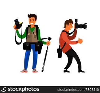 Paparazzi journalist making photos isolated. Photographer freelance men taking pictures, vector characters with modern digital cameras, tripod equipment. Photographer Freelance Men Taking Pictures, Vector