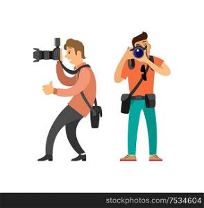 Paparazzi journalist making photos on professional cameras. Photographer freelancer men taking pictures, vector characters, flashlight shooting equipment. Paparazzi Journalist Making Photos on Cameras