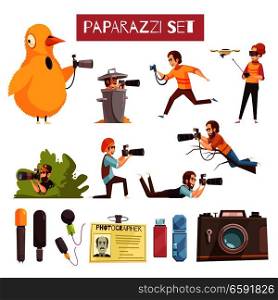 Paparazzi photographers taking pictures cartoon icons collection with camera microphone id card and usb stick vector illustration. Paparazzi Photographer Cartoon Icons Set 