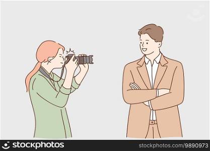 Paparazzi, success, fame concept. Young woman photographer cartoon character taking photo of successful smiling confident businessman with camera for magazine or interview illustration. Paparazzi, success, fame concept