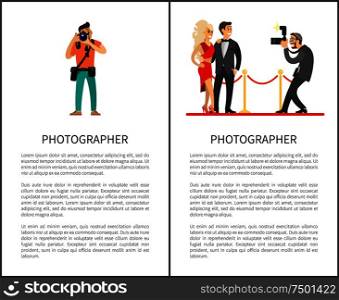 Paparazzi taking photo of celebrities couple on red carpet. Movie stars or singers and photographer with digital camera vector posters with text sample. Paparazzi Taking Shot of Celebrities on Red Carpet