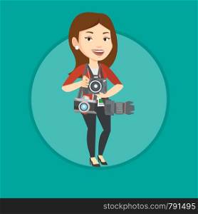 Paparazzi with many cameras. Caucasian photographer with many photo cameras equipment. Professional journalist with many cameras. Vector flat design illustration in the circle isolated on background.. Photographer taking photo vector illustration.