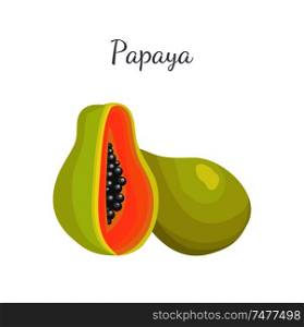 Papaya exotic fruit whole and cut vector isolated. Papaw or pawpaw Carica plant. Tropical food, similar to pear, dieting vegetarian grocery icon. Papaya Exotic Fruit Vector Isolated. Papaw Pawpaw