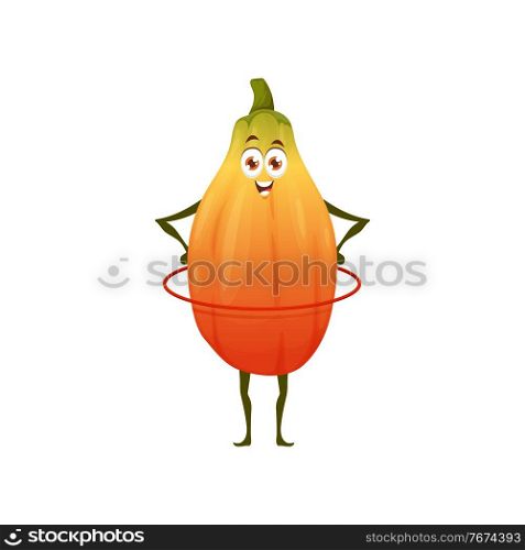 Papaya fruit, healthy food in fitness activity and energy, vector cartoon character. Topical fruit papaya training with hula hoop, vitamins and nutrition, healthy food and juice drink ingredient. Healthy papaya fruit, food fitness energy, cartoon