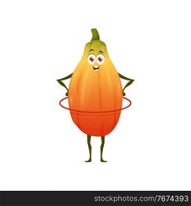 Papaya fruit, healthy food in fitness activity and energy, vector cartoon character. Topical fruit papaya training with hula hoop, vitamins and nutrition, healthy food and juice drink ingredient. Healthy papaya fruit, food fitness energy, cartoon