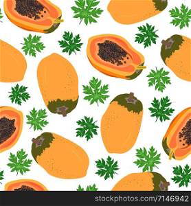 Papaya fruits and half seamless pattern on white background with leaves, Fresh organic food, Summer pattern background, Tropical fruit vector illustration.
