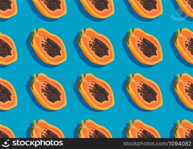 Papaya fruits seamless pattern on blue background with shadow, Fresh organic food, Tropical fruit vector illustration.