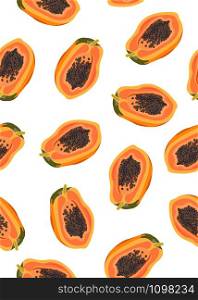 Papaya fruits seamless pattern on white background, Fresh organic food, Tropical fruit vector illustration.