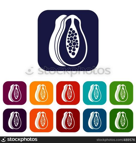 Papaya icons set vector illustration in flat style in colors red, blue, green, and other. Papaya icons set