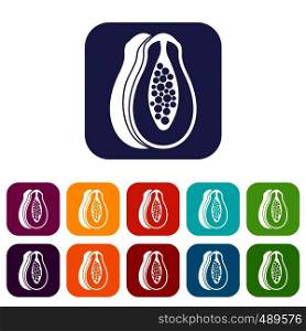 Papaya icons set vector illustration in flat style in colors red, blue, green, and other. Papaya icons set