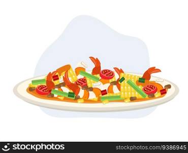 Papaya salad with corn or ’Som Tum Kao Pod’ with cooked shrimp. Thai style. Sweet corn spicy Thai food. Flat vector cartoon illustration   
