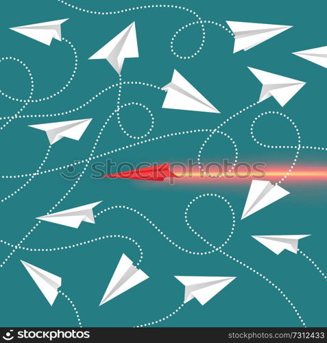 Paper aircrafts collection, aircrafts made of sheet of paper, handmade airplanes with lines as trajectories, vector illustration isolated on blue. Paper Aircrafts Collection Vector Illustration