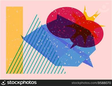 Paper Airplane and speech bubble with colorful geometric shapes. Object in trendy riso graph design. Geometry elements abstract risograph print texture style.