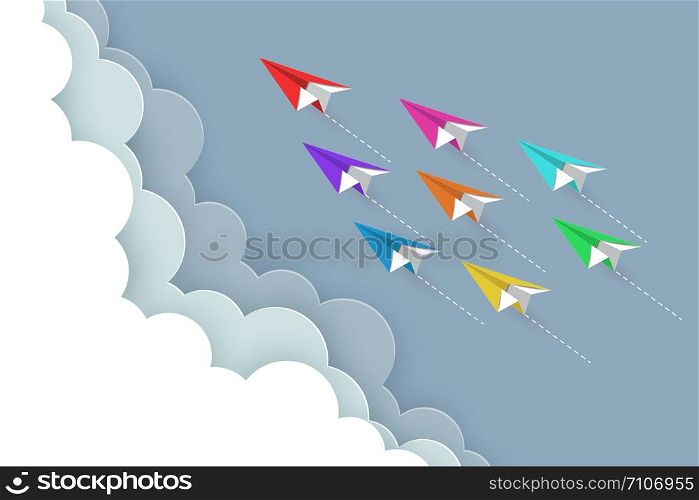 paper airplane colorful fly up to the sky between cloud natural landscape go to target. startup. leadership. concept of business success. creative idea. illustration vector cartoon