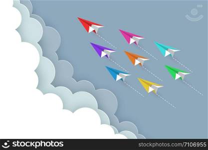 paper airplane colorful fly up to the sky between cloud natural landscape go to target. startup. leadership. concept of business success. creative idea. illustration vector cartoon