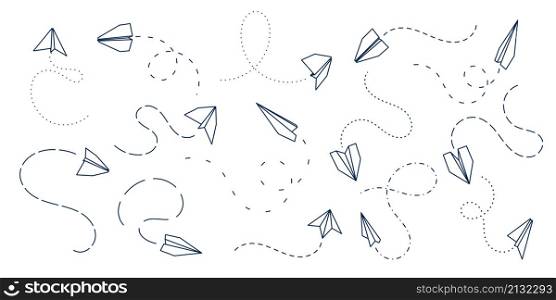 Paper airplane. Fly plane, flight dotted routes and line aircraft toy. Isolated abstract flying, travel or logistic trip. Conceptual aviation recent vector symbols. Illustration of aviation fly plane. Paper airplane. Fly plane, flight dotted routes and line aircraft toy. Isolated abstract flying, travel or logistic trip. Conceptual aviation recent vector symbols