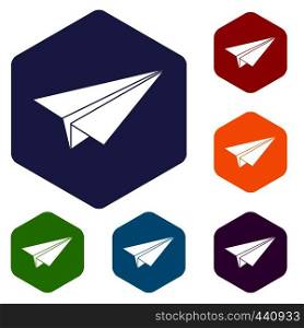 Paper airplane icons set hexagon isolated vector illustration. Paper airplane icons set hexagon