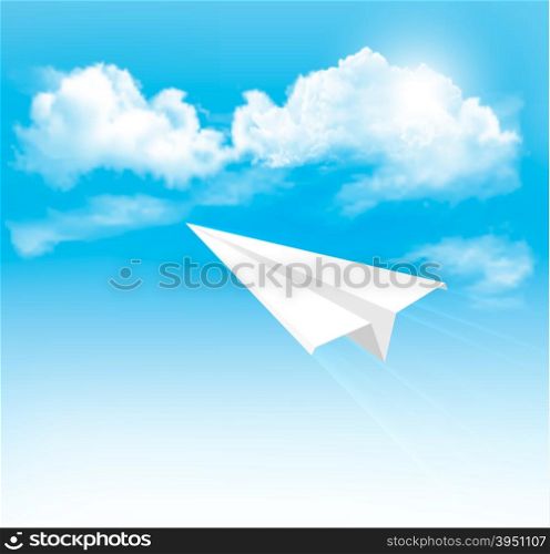 Paper airplane in the sky with clouds. Vector.