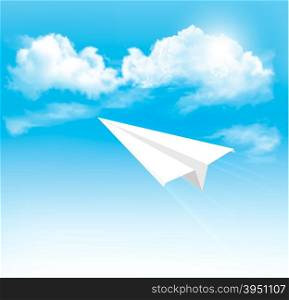Paper airplane in the sky with clouds. Vector.