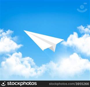 Paper airplane in the sky with clouds. Vector