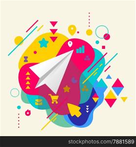 Paper airplane on abstract colorful spotted background with different elements. Flat design.