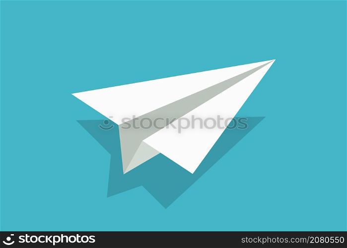 Paper airplane. Origami Plane. White 3d fly aeroplane on blue background. Craft of origami. Concept of flight, travel. Abstract icon for airline, launch free jet. Vector.