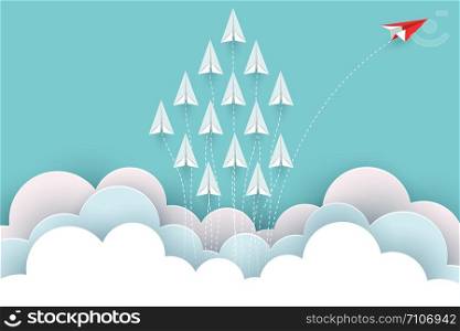 paper airplane red and white are fly up to the sky between cloud natural landscape go to target. startup. leadership. concept of business success. creative idea. illustration vector cartoon